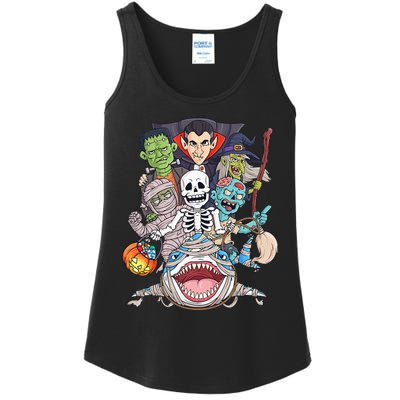 Skeleton Zombie Riding Mummy Shark Funny Halloween Pumpkin Ladies Essential Tank