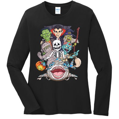 Skeleton Zombie Riding Mummy Shark Funny Halloween Pumpkin Ladies Long Sleeve Shirt