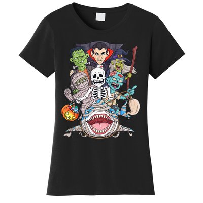 Skeleton Zombie Riding Mummy Shark Funny Halloween Pumpkin Women's T-Shirt