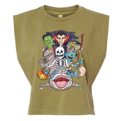 Skeleton Zombie Riding Mummy Shark Funny Halloween Pumpkin Garment-Dyed Women's Muscle Tee