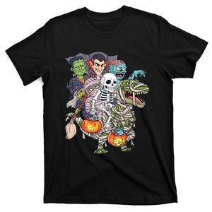 Skeleton Zombie Riding Mummy T Rex Funny Halloween Pumpkin T-Shirt