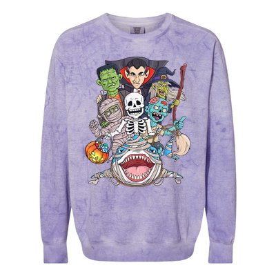 Skeleton Zombie Riding Mummy Shark Funny Halloween Pumpkin Colorblast Crewneck Sweatshirt