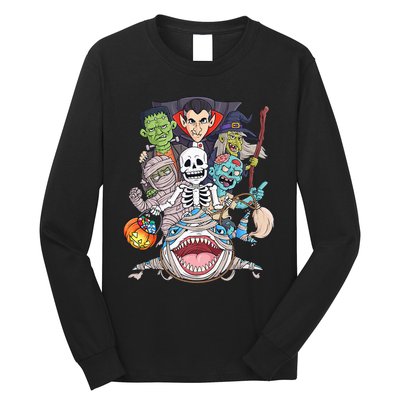 Skeleton Zombie Riding Mummy Shark Funny Halloween Pumpkin Long Sleeve Shirt