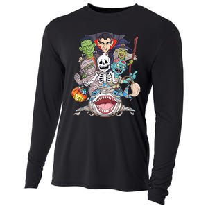 Skeleton Zombie Riding Mummy Shark Funny Halloween Pumpkin Cooling Performance Long Sleeve Crew