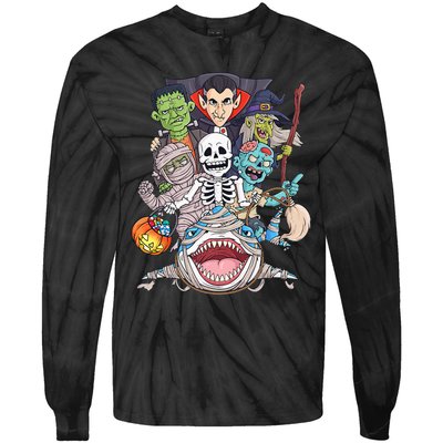 Skeleton Zombie Riding Mummy Shark Funny Halloween Pumpkin Tie-Dye Long Sleeve Shirt