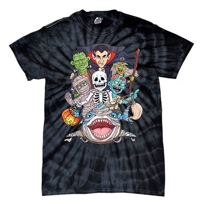 Skeleton Zombie Riding Mummy Shark Funny Halloween Pumpkin Tie-Dye T-Shirt