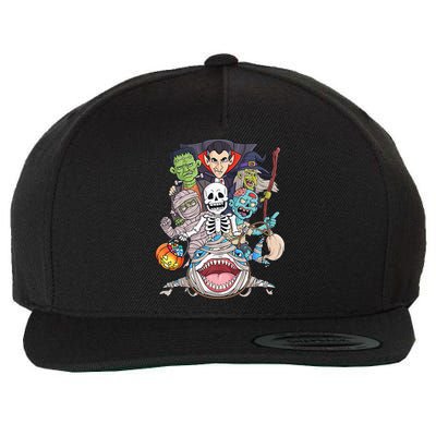 Skeleton Zombie Riding Mummy Shark Funny Halloween Pumpkin Wool Snapback Cap