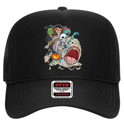 Skeleton Zombie Riding Mummy Shark Vampire Halloween Pumpkin High Crown Mesh Back Trucker Hat