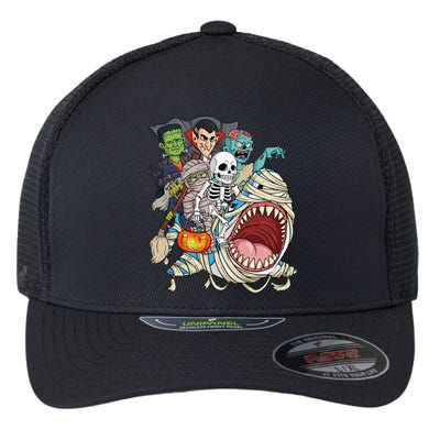 Skeleton Zombie Riding Mummy Shark Vampire Halloween Pumpkin Flexfit Unipanel Trucker Cap