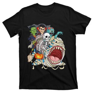 Skeleton Zombie Riding Mummy Shark Vampire Halloween Pumpkin T-Shirt