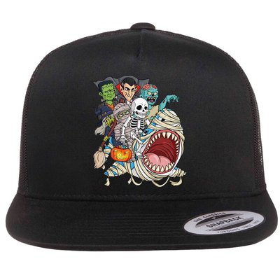 Skeleton Zombie Riding Mummy Shark Vampire Halloween Pumpkin Flat Bill Trucker Hat