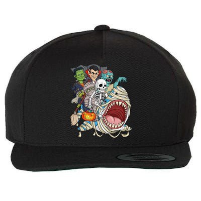 Skeleton Zombie Riding Mummy Shark Vampire Halloween Pumpkin Wool Snapback Cap