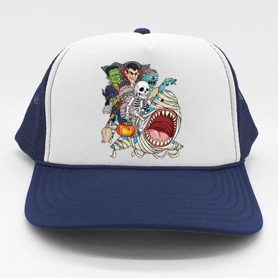 Skeleton Zombie Riding Mummy Shark Vampire Halloween Pumpkin Trucker Hat