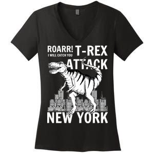 T-Rex Attacks New York Women's V-Neck T-Shirt