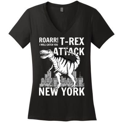 T-Rex Attacks New York Women's V-Neck T-Shirt