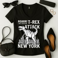 T-Rex Attacks New York Women's V-Neck T-Shirt