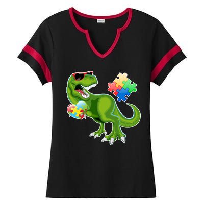 T-Rex Autism Awareness Puzzle Dinosaur  Ladies Halftime Notch Neck Tee