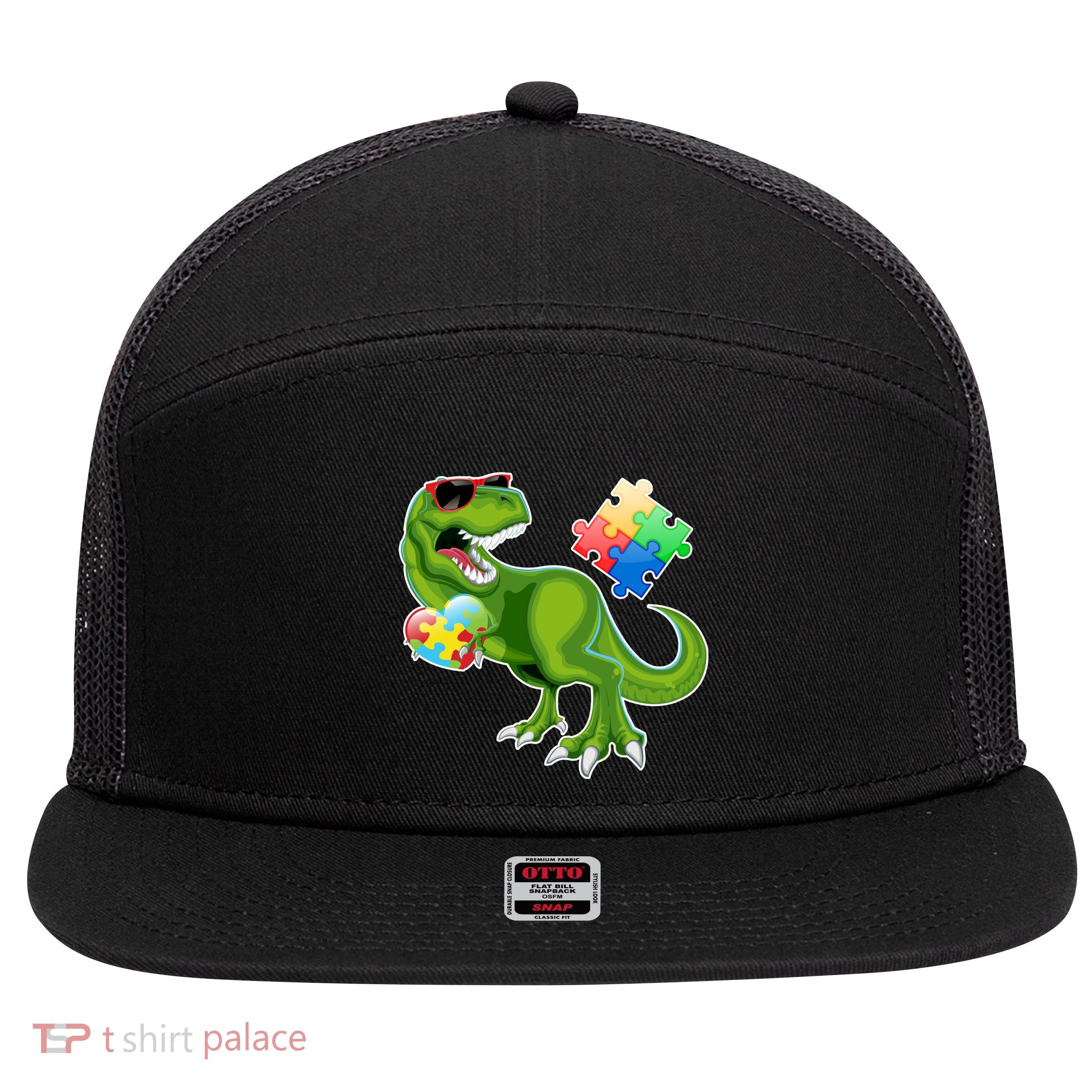 T-Rex Autism Awareness Puzzle Dinosaur  7 Panel Mesh Trucker Snapback Hat