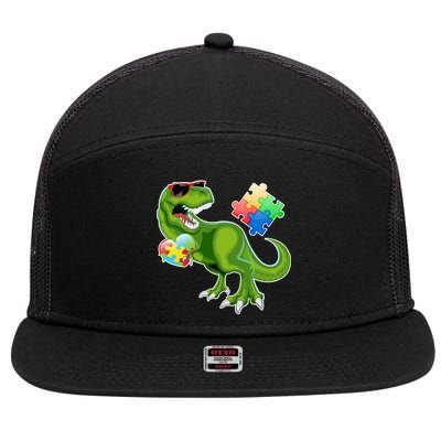 T-Rex Autism Awareness Puzzle Dinosaur  7 Panel Mesh Trucker Snapback Hat