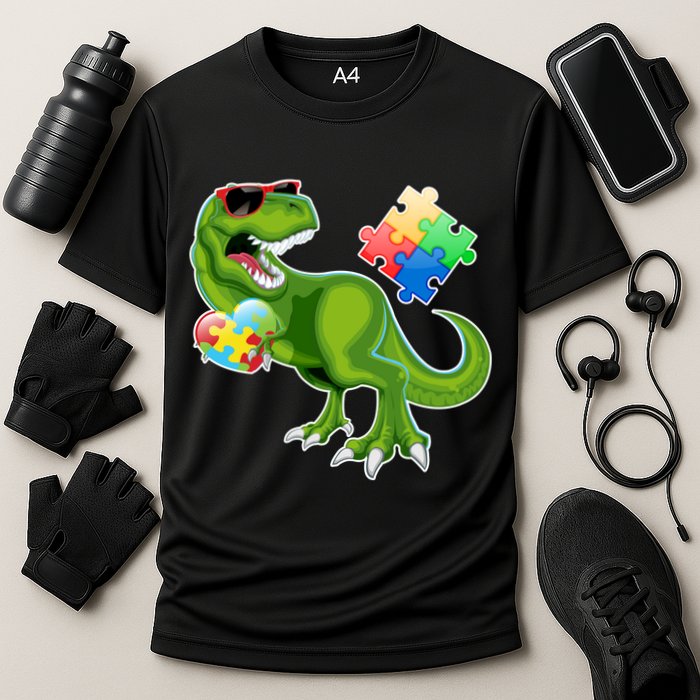 T-Rex Autism Awareness Puzzle Dinosaur  Cooling Performance Crew T-Shirt