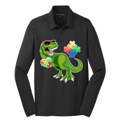 T-Rex Autism Awareness Puzzle Dinosaur  Silk Touch Performance Long Sleeve Polo