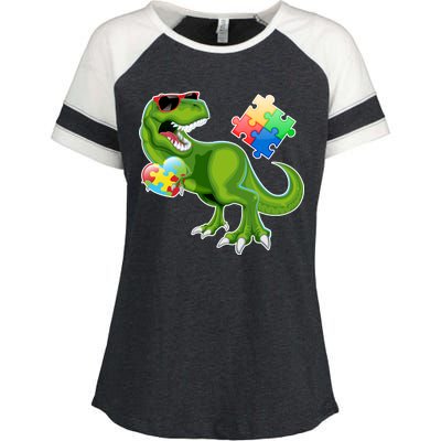 T-Rex Autism Awareness Puzzle Dinosaur  Enza Ladies Jersey Colorblock Tee