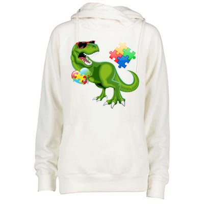 T-Rex Autism Awareness Puzzle Dinosaur  Womens Funnel Neck Pullover Hood