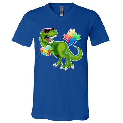 T-Rex Autism Awareness Puzzle Dinosaur  V-Neck T-Shirt