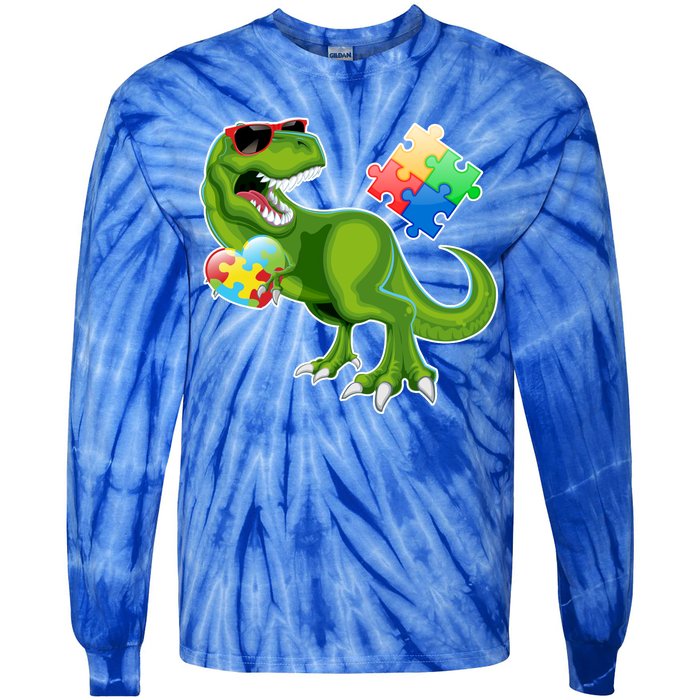 T-Rex Autism Awareness Puzzle Dinosaur  Tie-Dye Long Sleeve Shirt