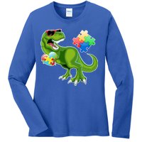 T-Rex Autism Awareness Puzzle Dinosaur  Ladies Long Sleeve Shirt