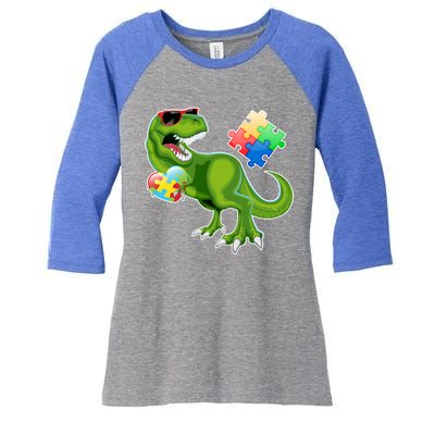 T-Rex Autism Awareness Puzzle Dinosaur  Women's Tri-Blend 3/4-Sleeve Raglan Shirt