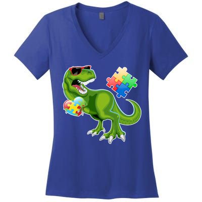 T-Rex Autism Awareness Puzzle Dinosaur  Women's V-Neck T-Shirt