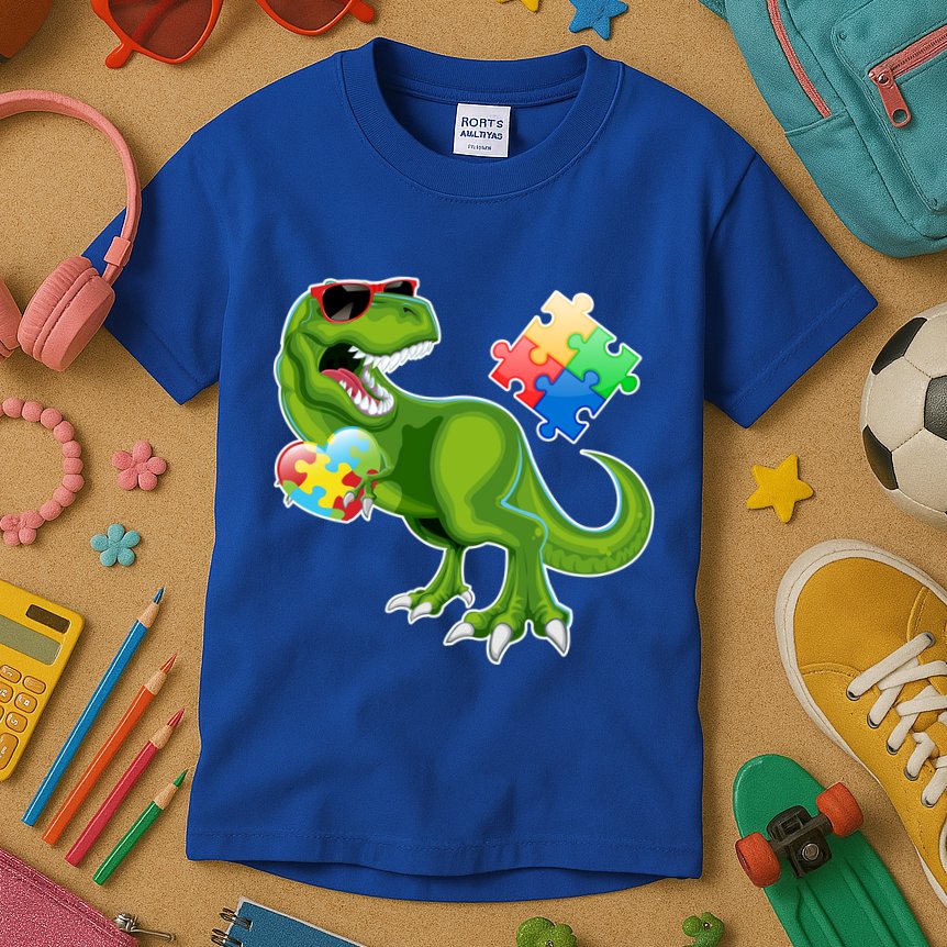 T-Rex Autism Awareness Puzzle Dinosaur  Kids T-Shirt