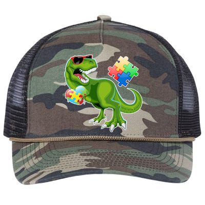 T-Rex Autism Awareness Puzzle Dinosaur  Retro Rope Trucker Hat Cap