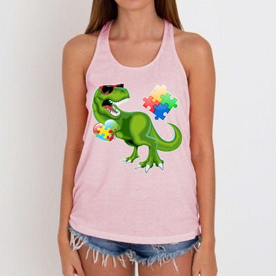 T-Rex Autism Awareness Puzzle Dinosaur  Women's Knotted Racerback Tank