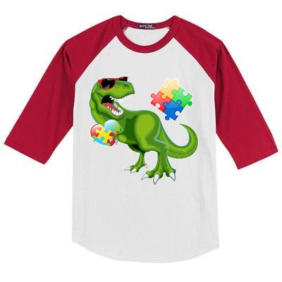 T-Rex Autism Awareness Puzzle Dinosaur  Kids Colorblock Raglan Jersey