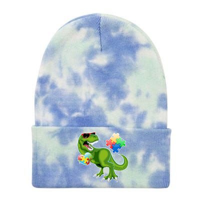 T-Rex Autism Awareness Puzzle Dinosaur  Tie Dye 12in Knit Beanie