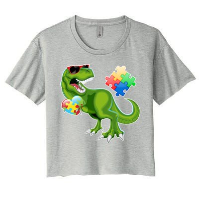 T-Rex Autism Awareness Puzzle Dinosaur  Women's Crop Top Tee