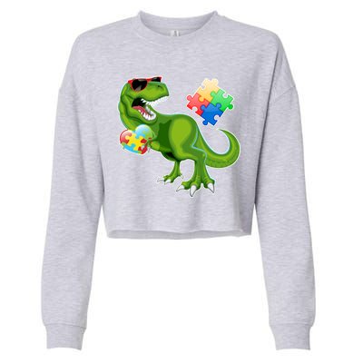 T-Rex Autism Awareness Puzzle Dinosaur  Cropped Pullover Crew