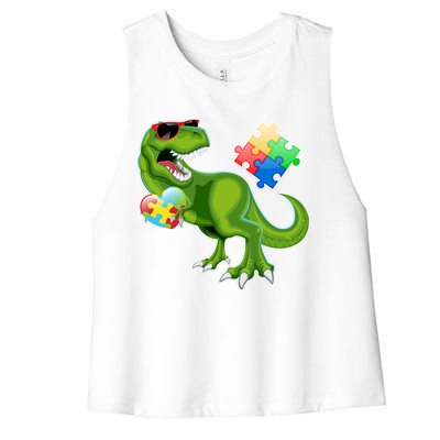 T-Rex Autism Awareness Puzzle Dinosaur  Women's Racerback Cropped Tank