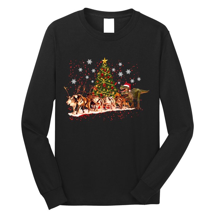 T-Rex Chasing Reindeer Funny Christmas Long Sleeve Shirt