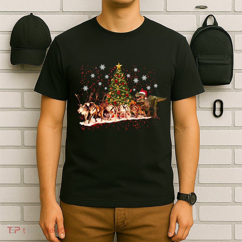 T-Rex Chasing Reindeer Funny Christmas T-Shirt
