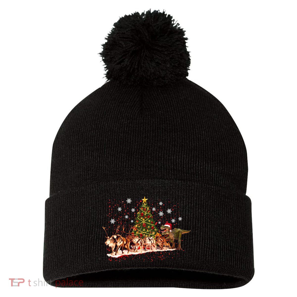 T-Rex Chasing Reindeer Funny Christmas Pom Pom 12in Knit Beanie