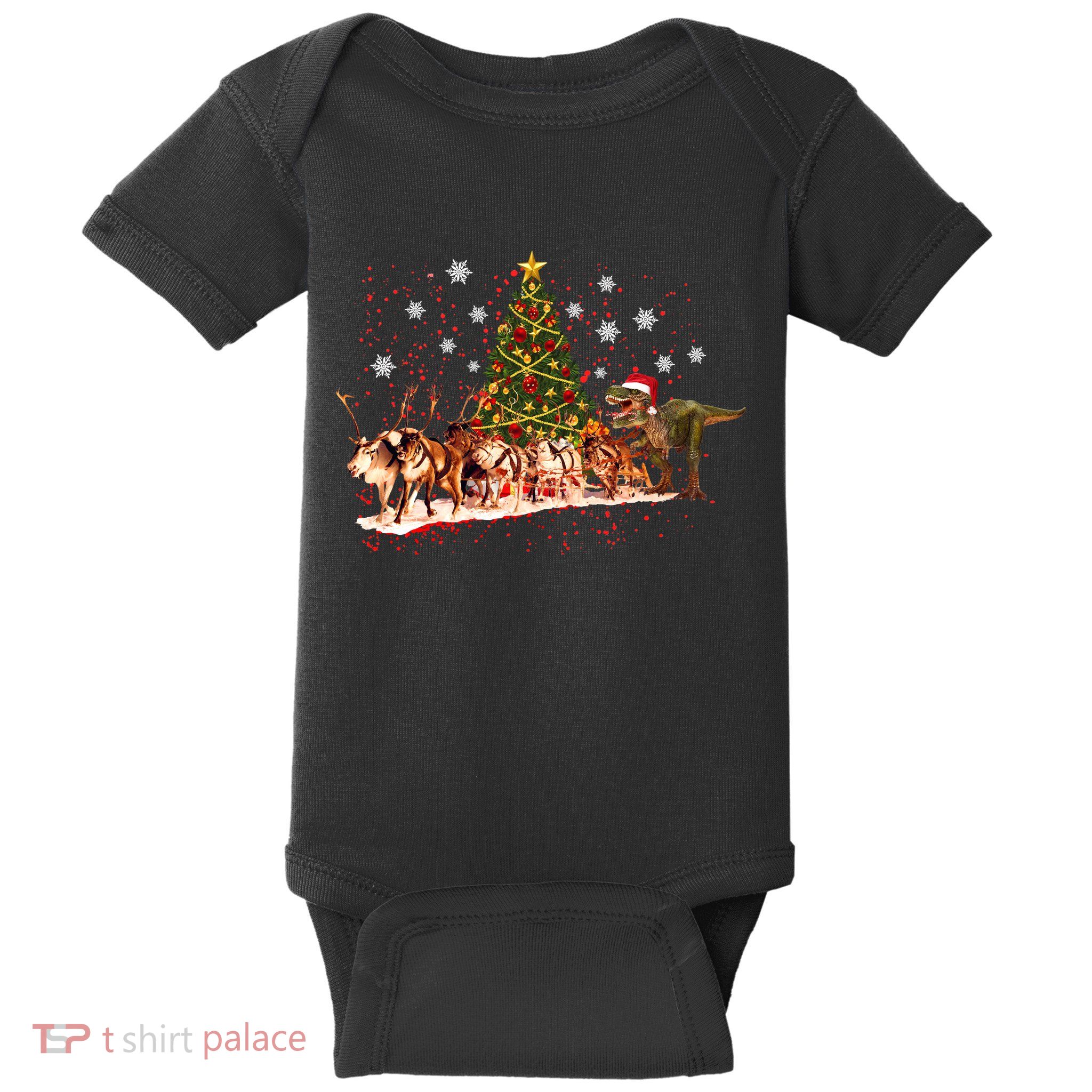 T-Rex Chasing Reindeer Funny Christmas Baby Bodysuit