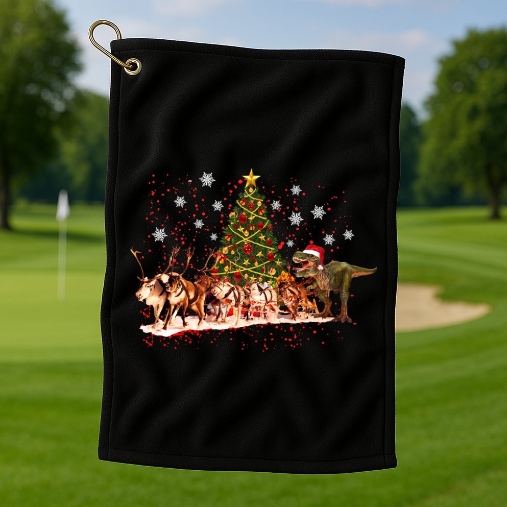 T-Rex Chasing Reindeer Funny Christmas Golf Towel