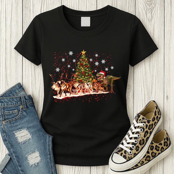 T-Rex Chasing Reindeer Funny Christmas Womens T-Shirt