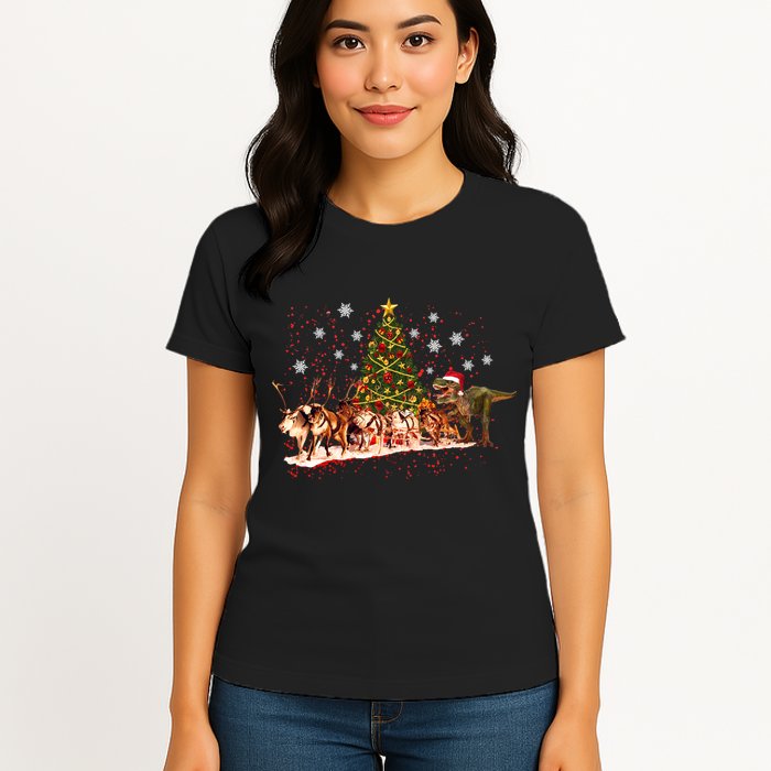 T-Rex Chasing Reindeer Funny Christmas Womens T-Shirt