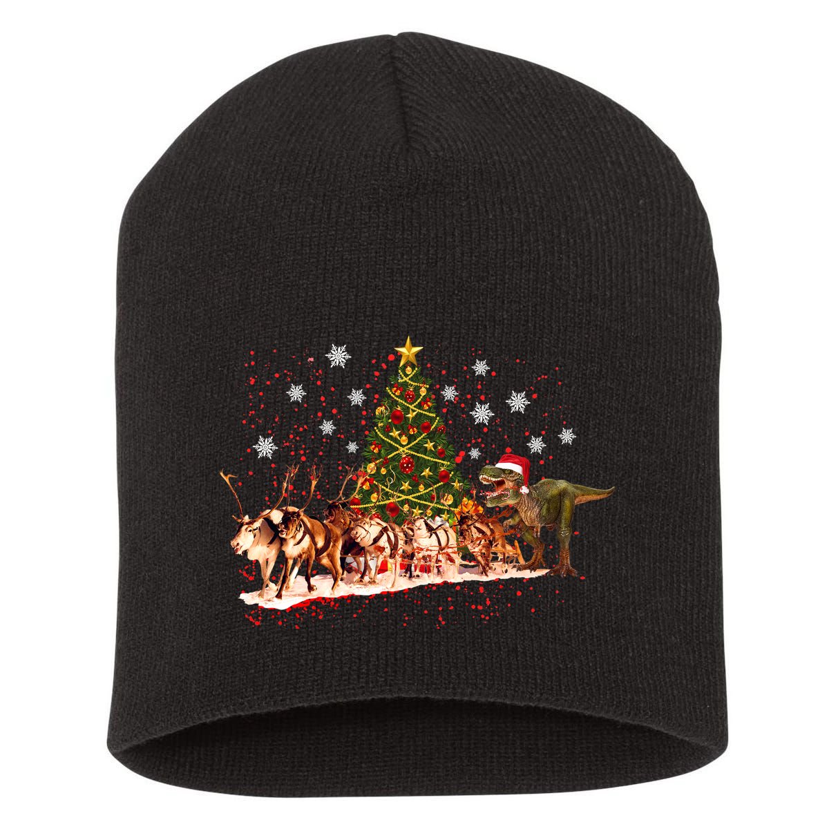 T-Rex Chasing Reindeer Funny Christmas Short Acrylic Beanie