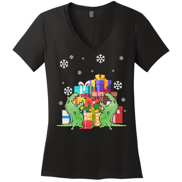 T-Rex Christmas Women's V-Neck T-Shirt