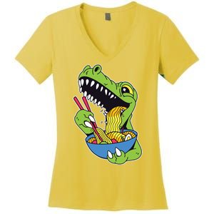 T-Rex Eating Ramen Women's V-Neck T-Shirt